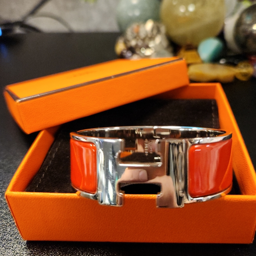 Authentic Hermes Clic Red Palladium Bracelet Bangle